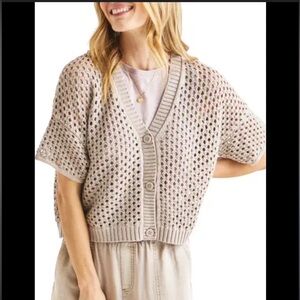 Splendid Nova Short Sleeve Pointelle Cardigan - Tan .size L